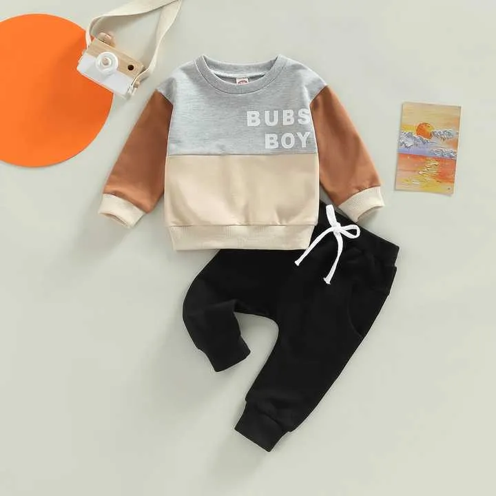 0-3Y الرضع طفل الفتيان السراويل دعوى طويلة . 0-3Y Infant Baby Boys Pants Suit Long Sleeve Round Neck Letters Print Casual Tops Drawstring Pants 2 Piece