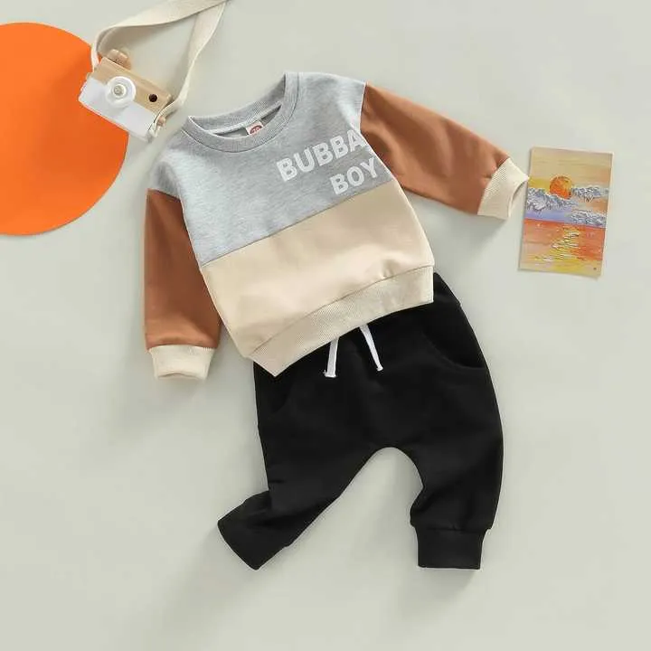 0-3Y الرضع طفل الفتيان السراويل دعوى طويلة . 0-3Y Infant Baby Boys Pants Suit Long Sleeve Round Neck Letters Print Casual Tops Drawstring Pants 2 Piece