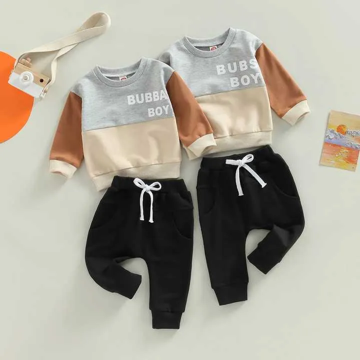 0-3Y الرضع طفل الفتيان السراويل دعوى طويلة . 0-3Y Infant Baby Boys Pants Suit Long Sleeve Round Neck Letters Print Casual Tops Drawstring Pants 2 Piece