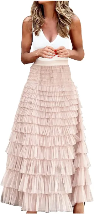 2025 Women's Tulle Midi Skirt Elastic High Waist Layered Pleated Mesh Flowy A-Line Prom Party Long Tutu Skirts