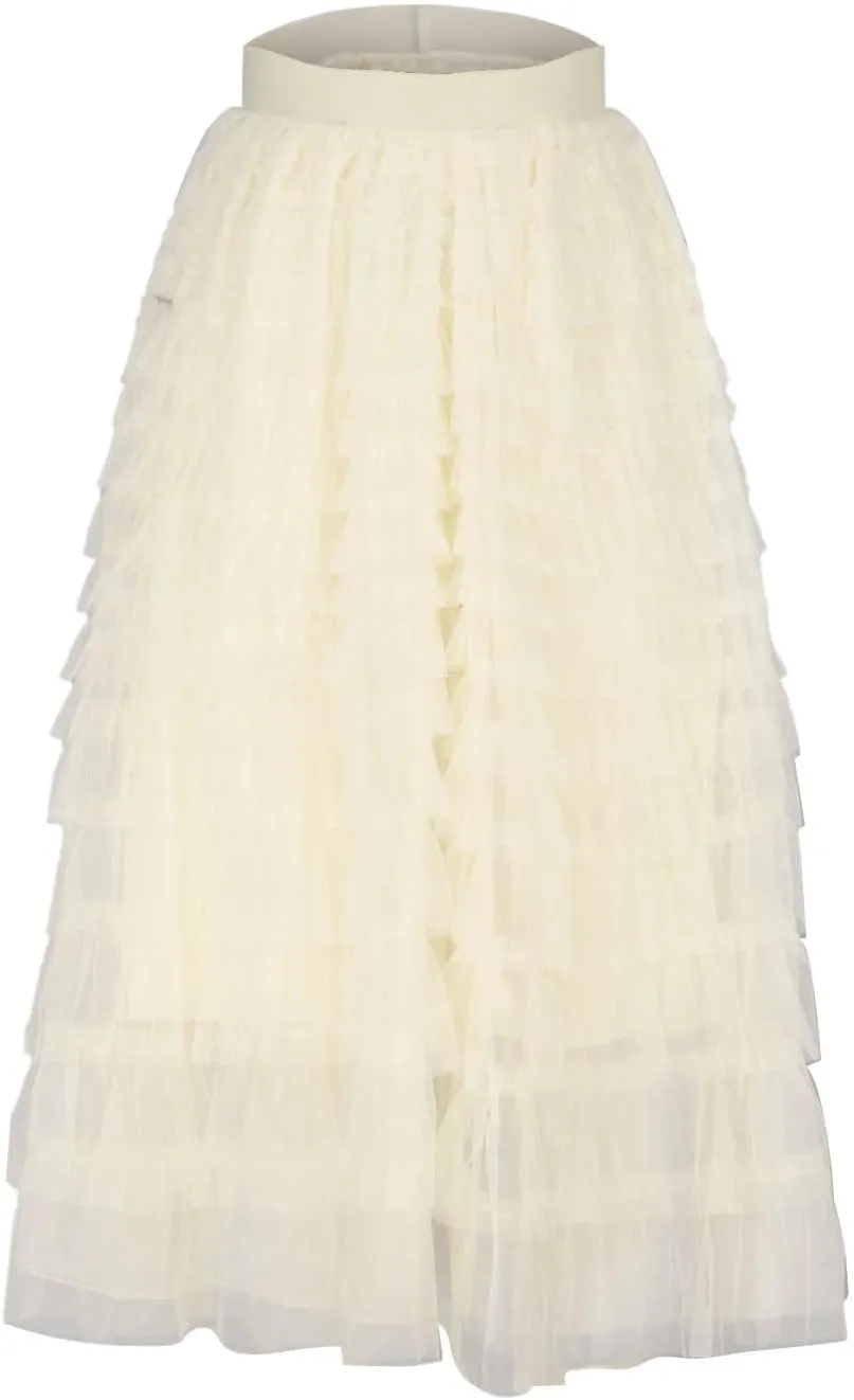 2025 Women's Tulle Midi Skirt Elastic High Waist Layered Pleated Mesh Flowy A-Line Prom Party Long Tutu Skirts