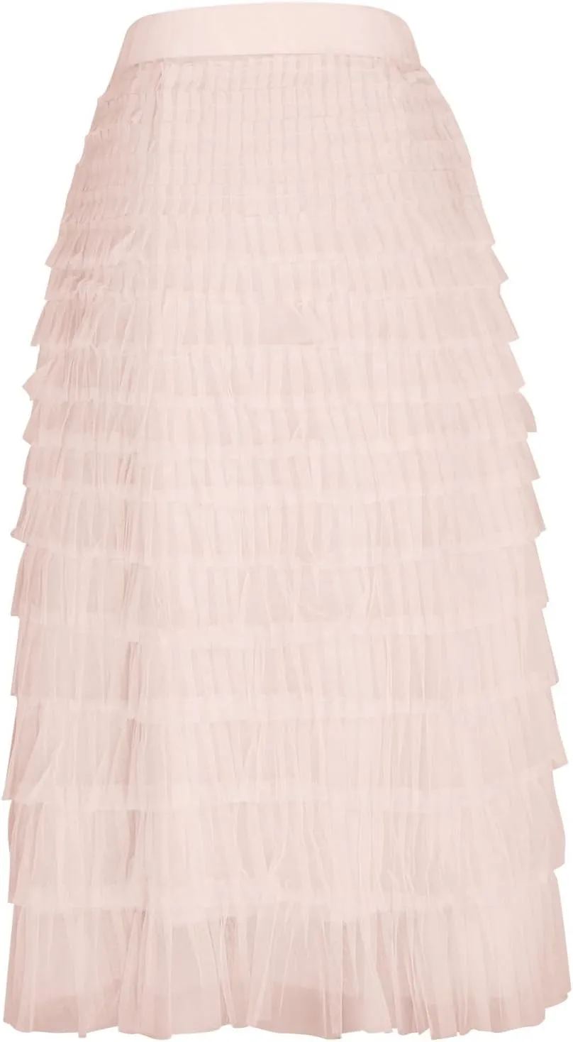 2025 Women's Tulle Midi Skirt Elastic High Waist Layered Pleated Mesh Flowy A-Line Prom Party Long Tutu Skirts