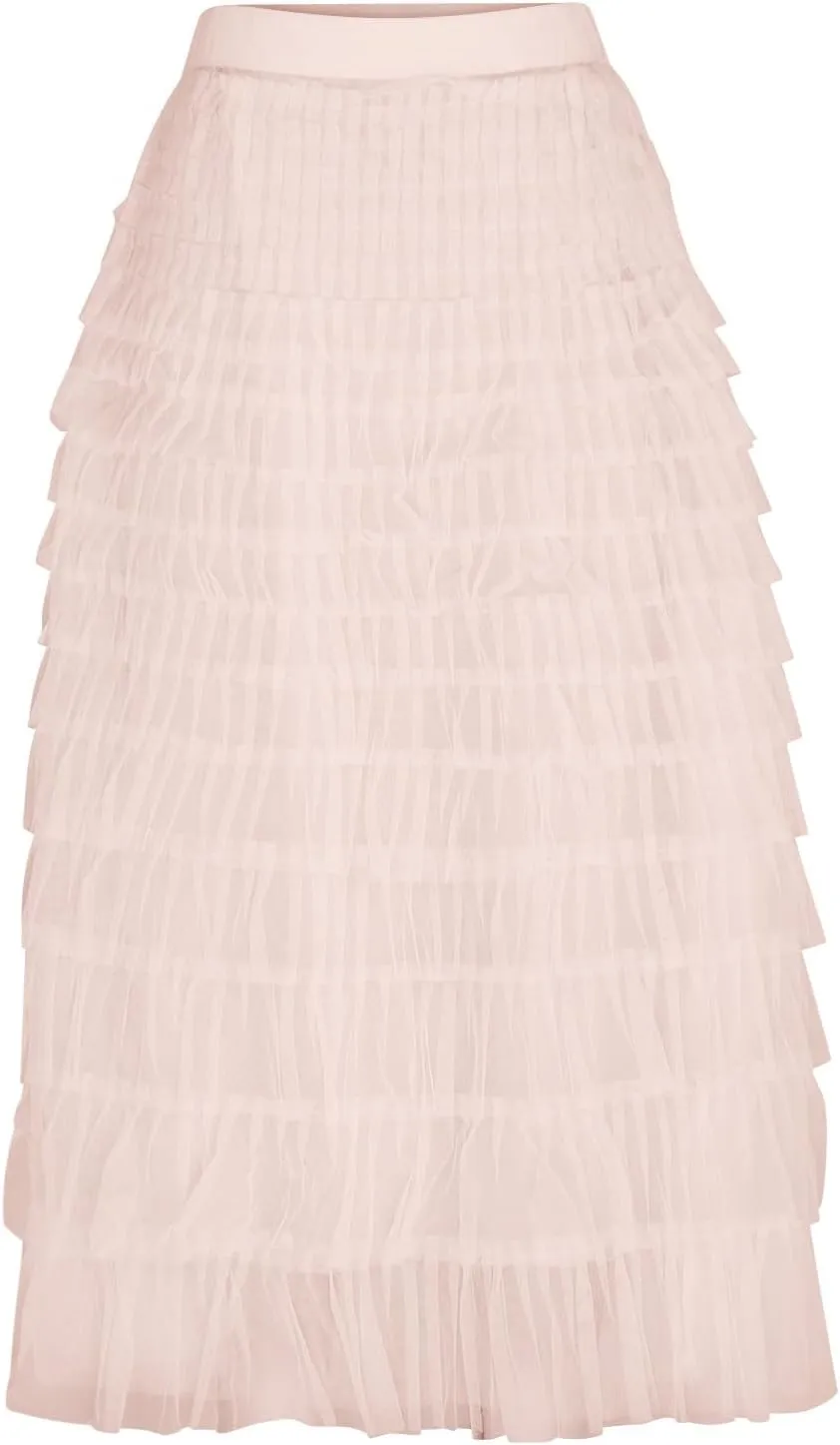 2025 Women's Tulle Midi Skirt Elastic High Waist Layered Pleated Mesh Flowy A-Line Prom Party Long Tutu Skirts