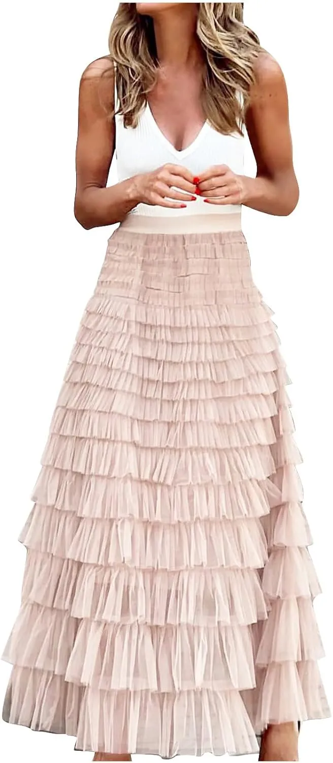 2025 Women's Tulle Midi Skirt Elastic High Waist Layered Pleated Mesh Flowy A-Line Prom Party Long Tutu Skirts