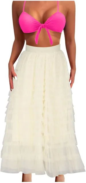 2025 Women's Tulle Midi Skirt Elastic High Waist Layered Pleated Mesh Flowy A-Line Prom Party Long Tutu Skirts