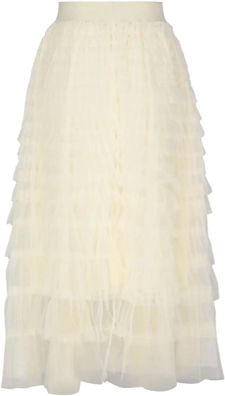 2025 Women's Tulle Midi Skirt Elastic High Waist Layered Pleated Mesh Flowy A-Line Prom Party Long Tutu Skirts