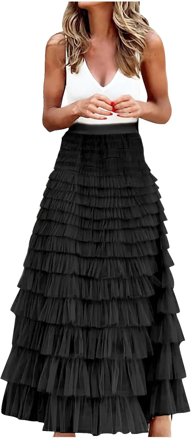 2025 Women's Tulle Midi Skirt Elastic High Waist Layered Pleated Mesh Flowy A-Line Prom Party Long Tutu Skirts