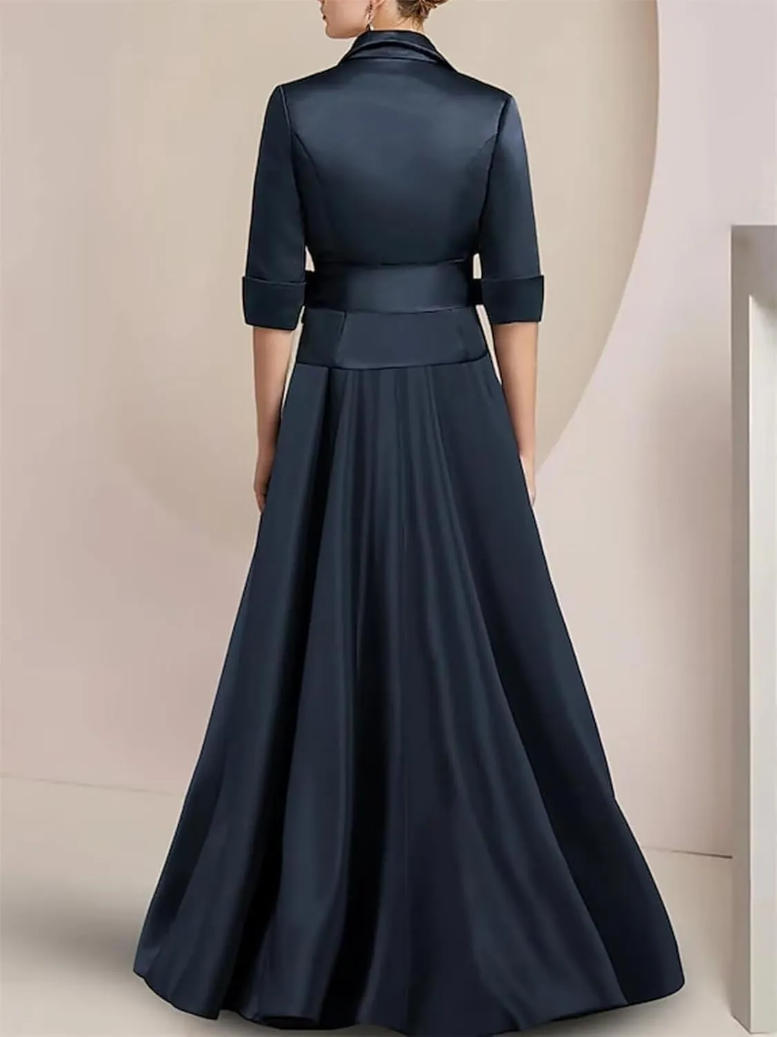 3 Pieces Jumpsuit Elegant Mother of The Bride Dress for Wedding Satin 3/4 Sleeve Wedding Guest Dresses with Bow
