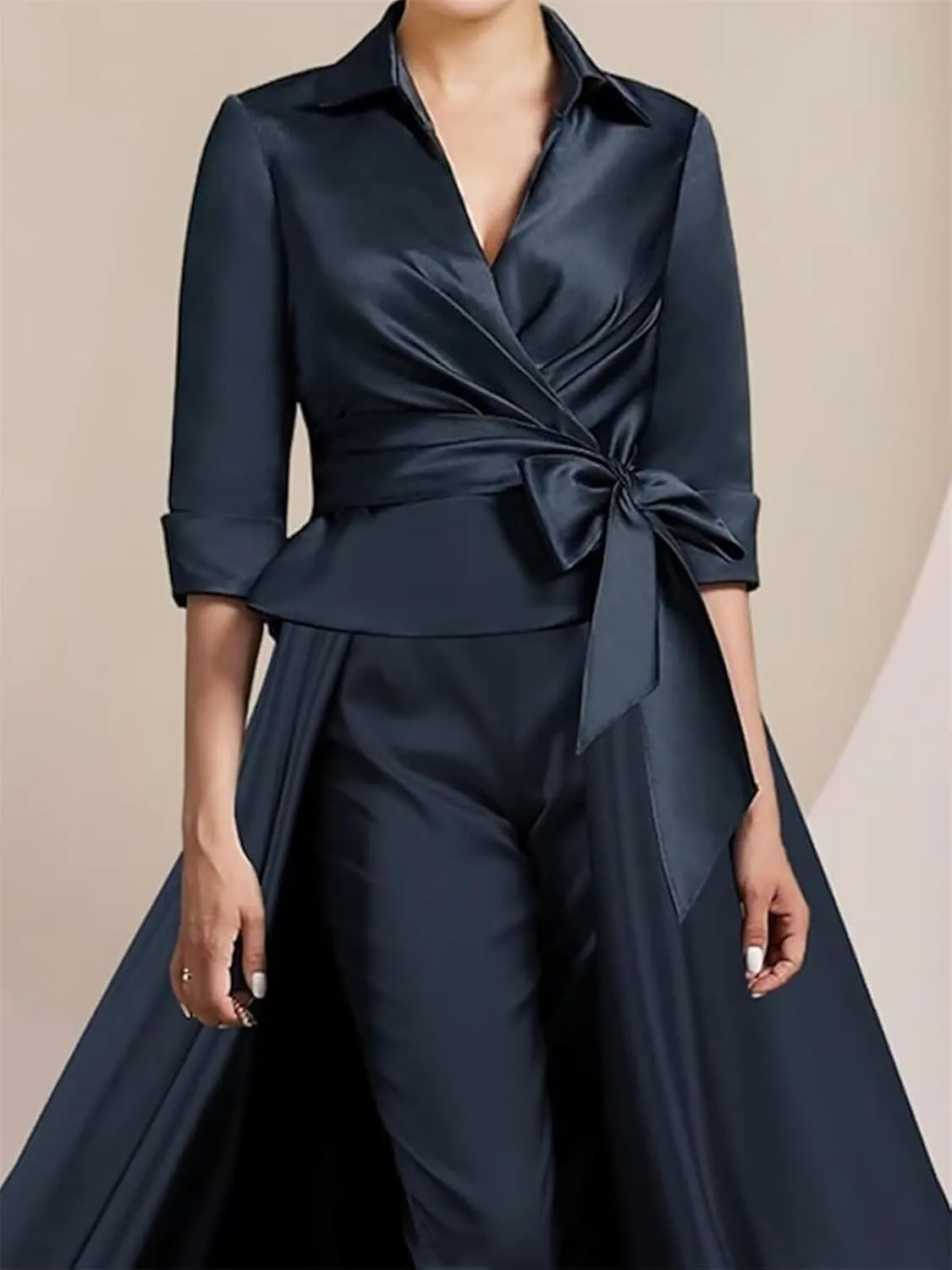 3 Pieces Jumpsuit Elegant Mother of The Bride Dress for Wedding Satin 3/4 Sleeve Wedding Guest Dresses with Bow