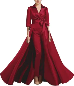 3 Pieces Jumpsuit Elegant Mother of The Bride Dress for Wedding Satin 3/4 Sleeve Wedding Guest Dresses with Bow