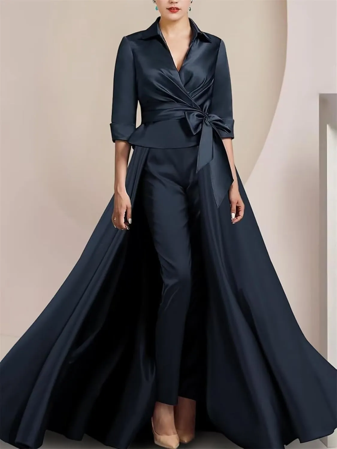 3 Pieces Jumpsuit Elegant Mother of The Bride Dress for Wedding Satin 3/4 Sleeve Wedding Guest Dresses with Bow