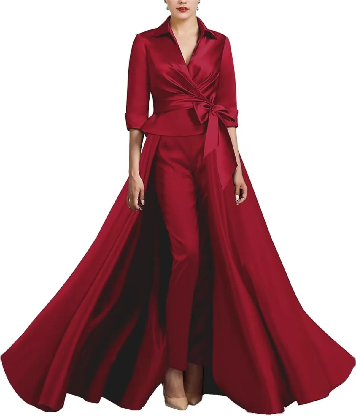 3 Pieces Jumpsuit Elegant Mother of The Bride Dress for Wedding Satin 3/4 Sleeve Wedding Guest Dresses with Bow