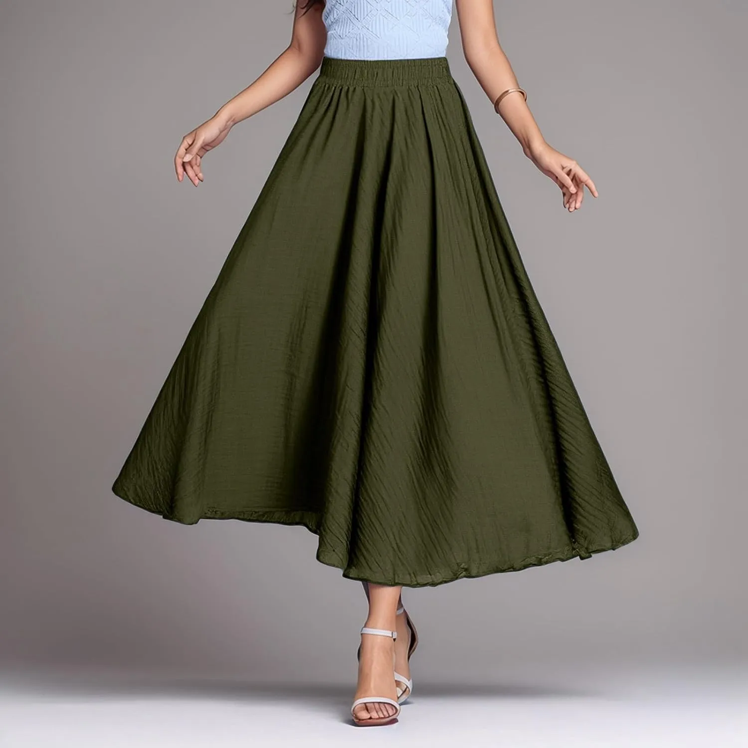 A Line Skirt for Women Trendy Flared High Elastic Waist Solid Loose Pleated Long Skirts for Summer Vacation Streetwear