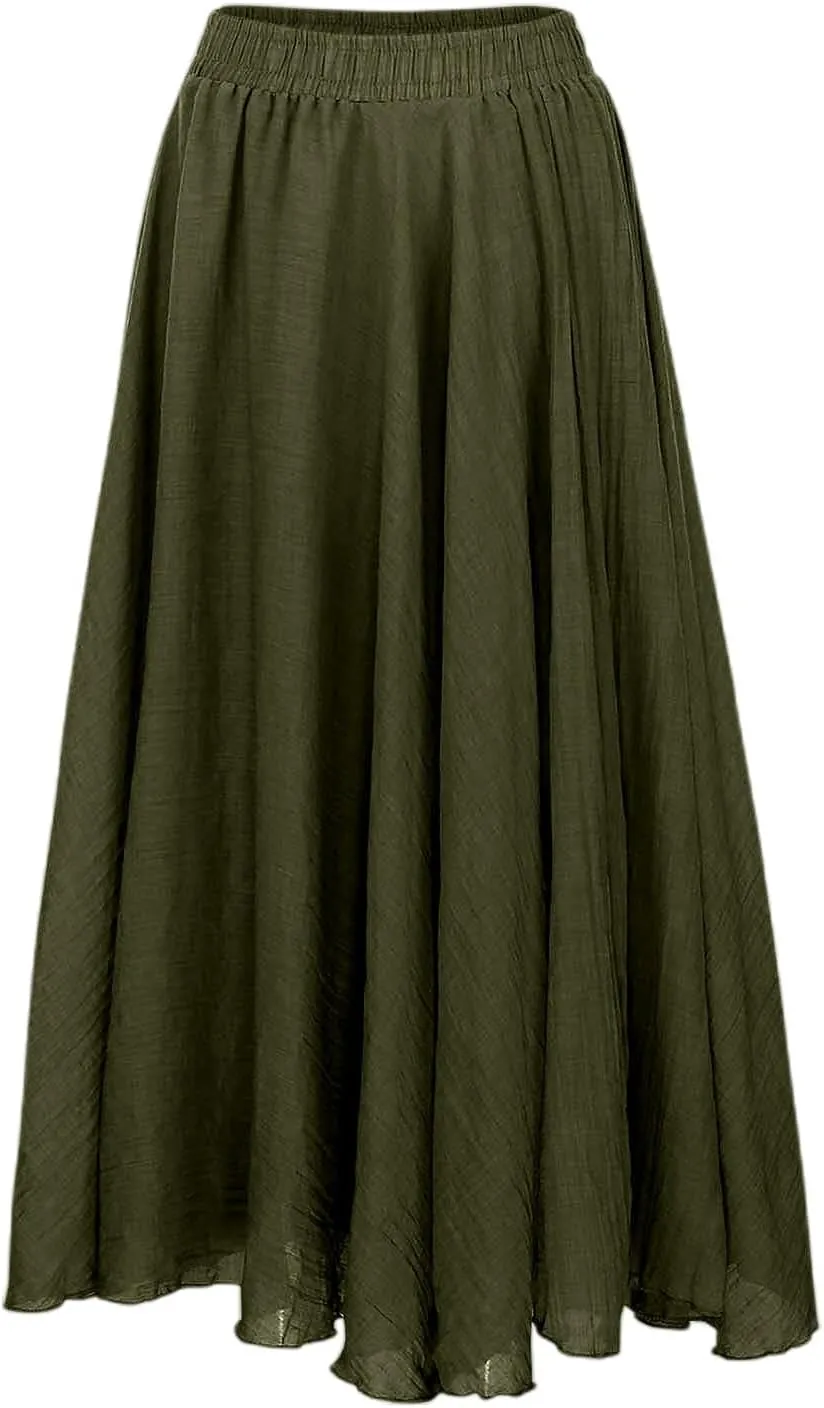 A Line Skirt for Women Trendy Flared High Elastic Waist Solid Loose Pleated Long Skirts for Summer Vacation Streetwear