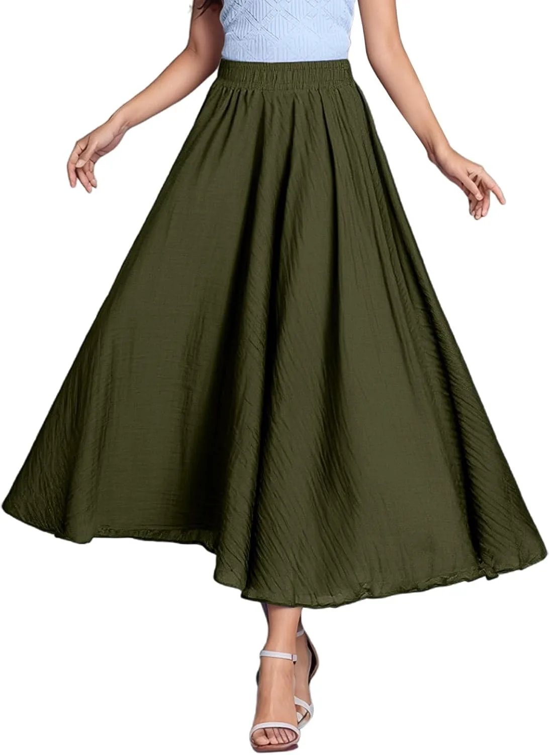 A Line Skirt for Women Trendy Flared High Elastic Waist Solid Loose Pleated Long Skirts for Summer Vacation Streetwear