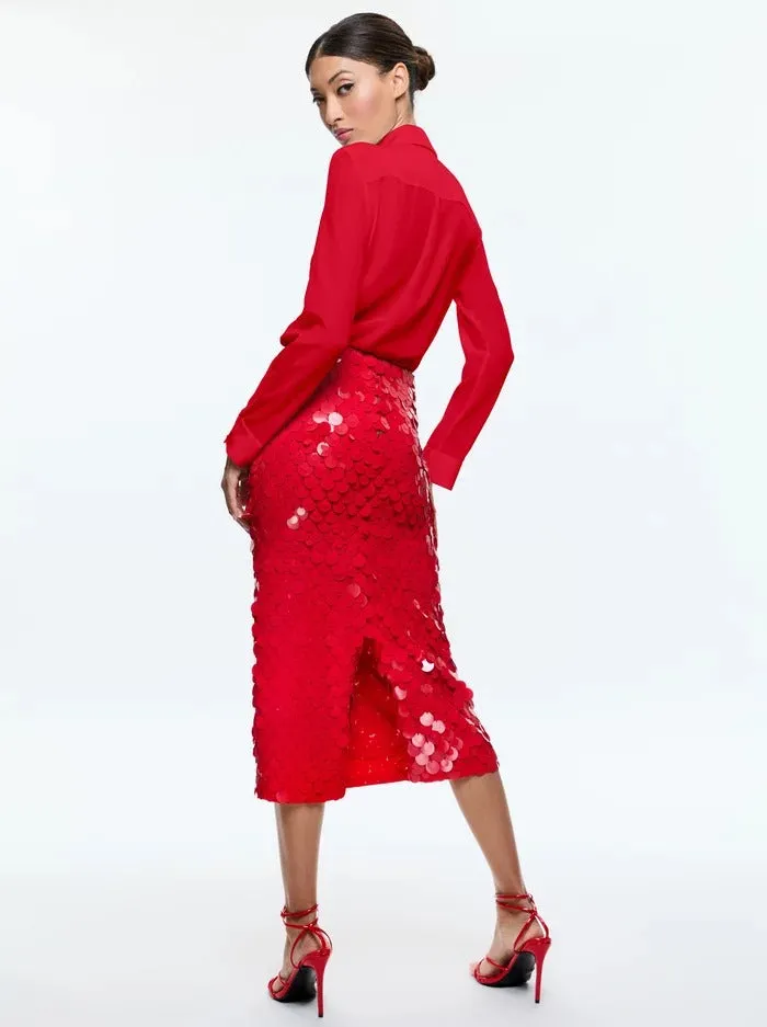 Alice   Olivia Fifi Embellished Midi Skirt in Bright Ruby