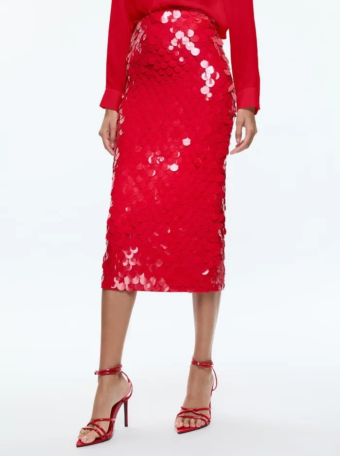 Alice   Olivia Fifi Embellished Midi Skirt in Bright Ruby