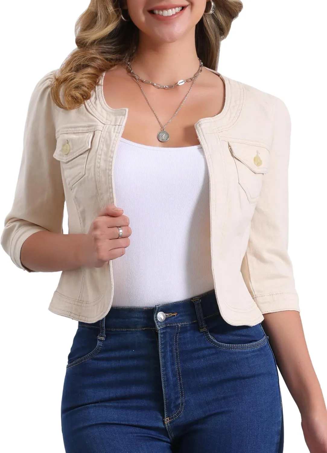 Allegra K Denim Jacket for Women's Collarless 2025 Cardigan 3/4 Sleeve Crop Jean Jackets