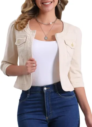 Allegra K Denim Jacket for Women's Collarless 2025 Cardigan 3/4 Sleeve Crop Jean Jackets