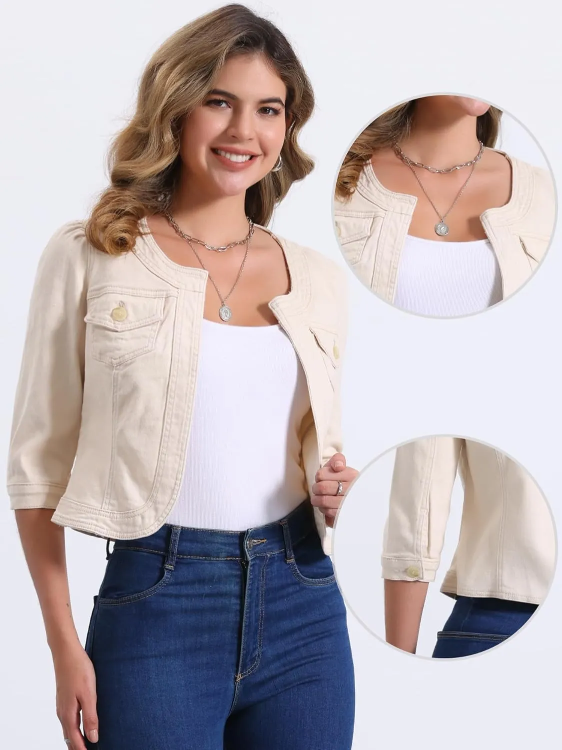Allegra K Denim Jacket for Women's Collarless 2025 Cardigan 3/4 Sleeve Crop Jean Jackets