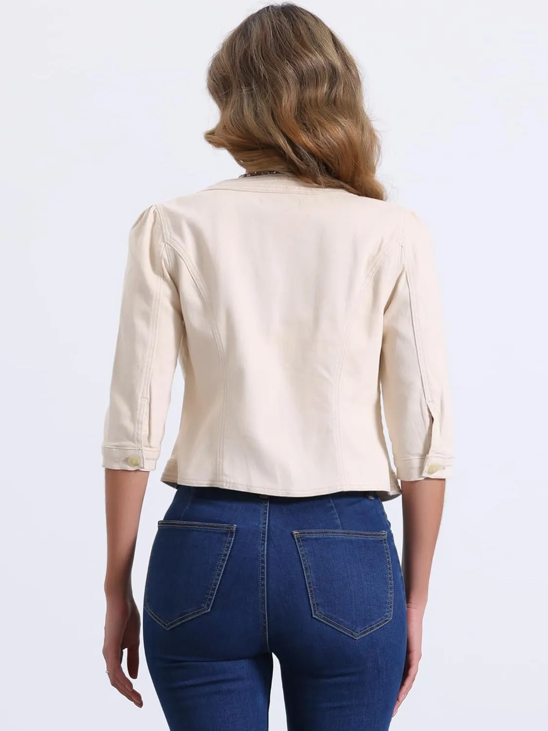 Allegra K Denim Jacket for Women's Collarless 2025 Cardigan 3/4 Sleeve Crop Jean Jackets