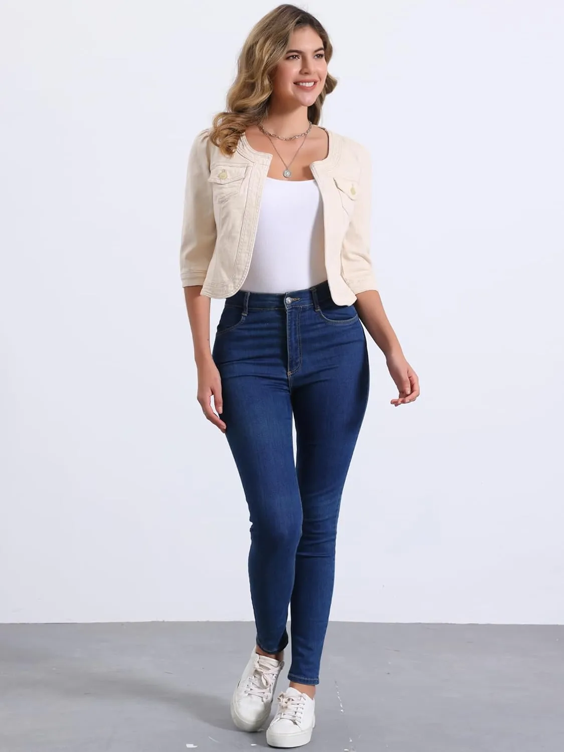 Allegra K Denim Jacket for Women's Collarless 2025 Cardigan 3/4 Sleeve Crop Jean Jackets