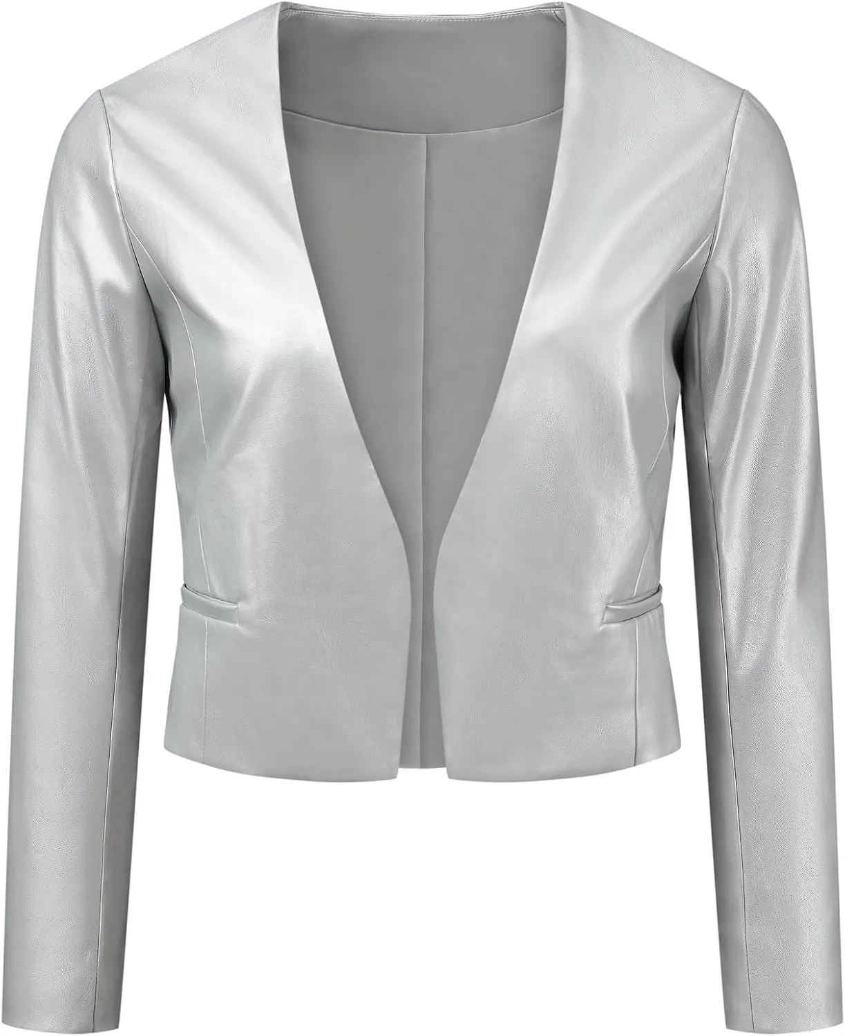 Allegra K Faux Leather Crop Blazer for Women's Collarless Open Front PU Moto Biker Jackets