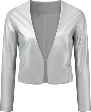 Allegra K Faux Leather Crop Blazer for Women's Collarless Open Front PU Moto Biker Jackets