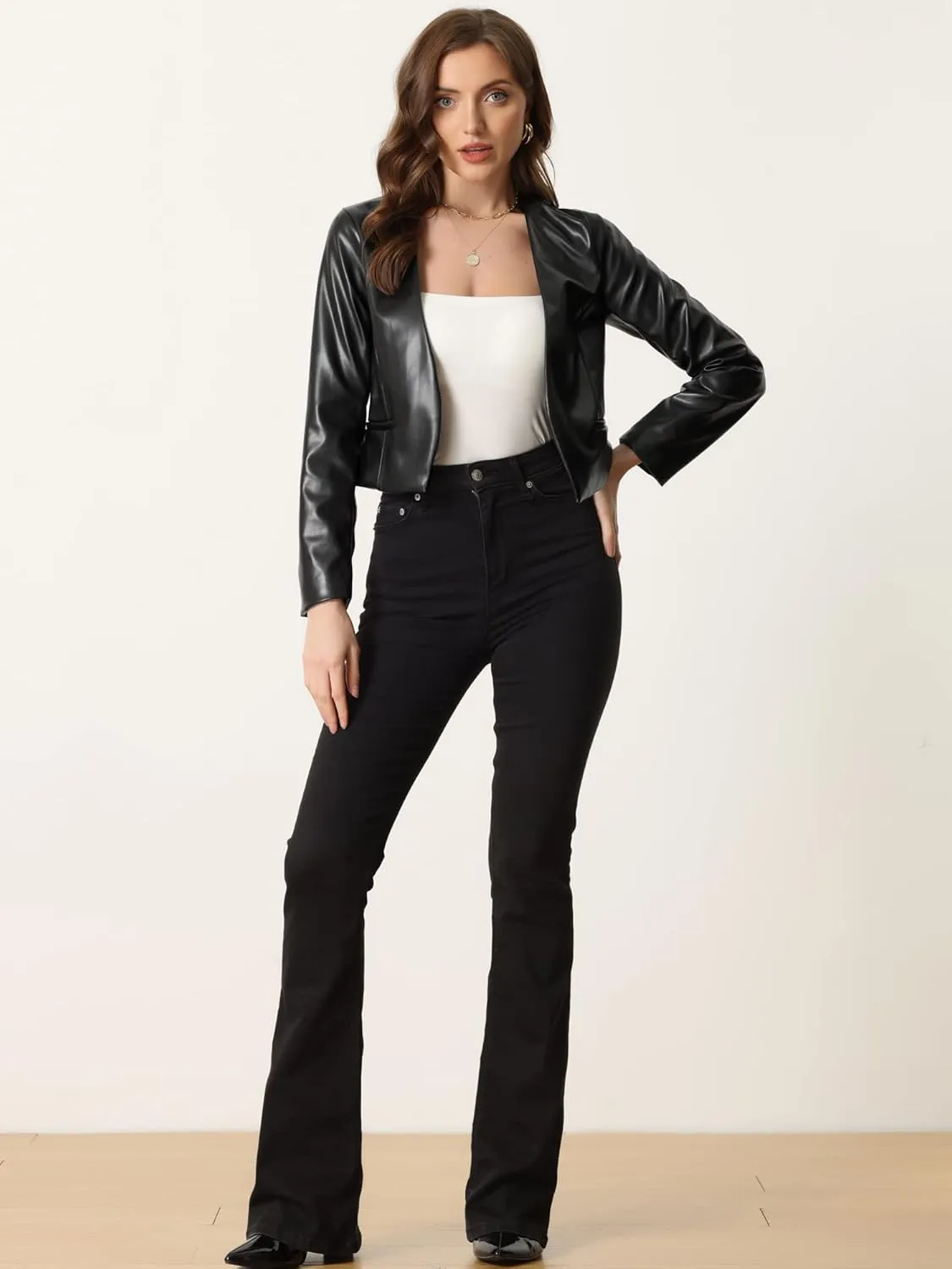 Allegra K Faux Leather Crop Blazer for Women's Collarless Open Front PU Moto Biker Jackets