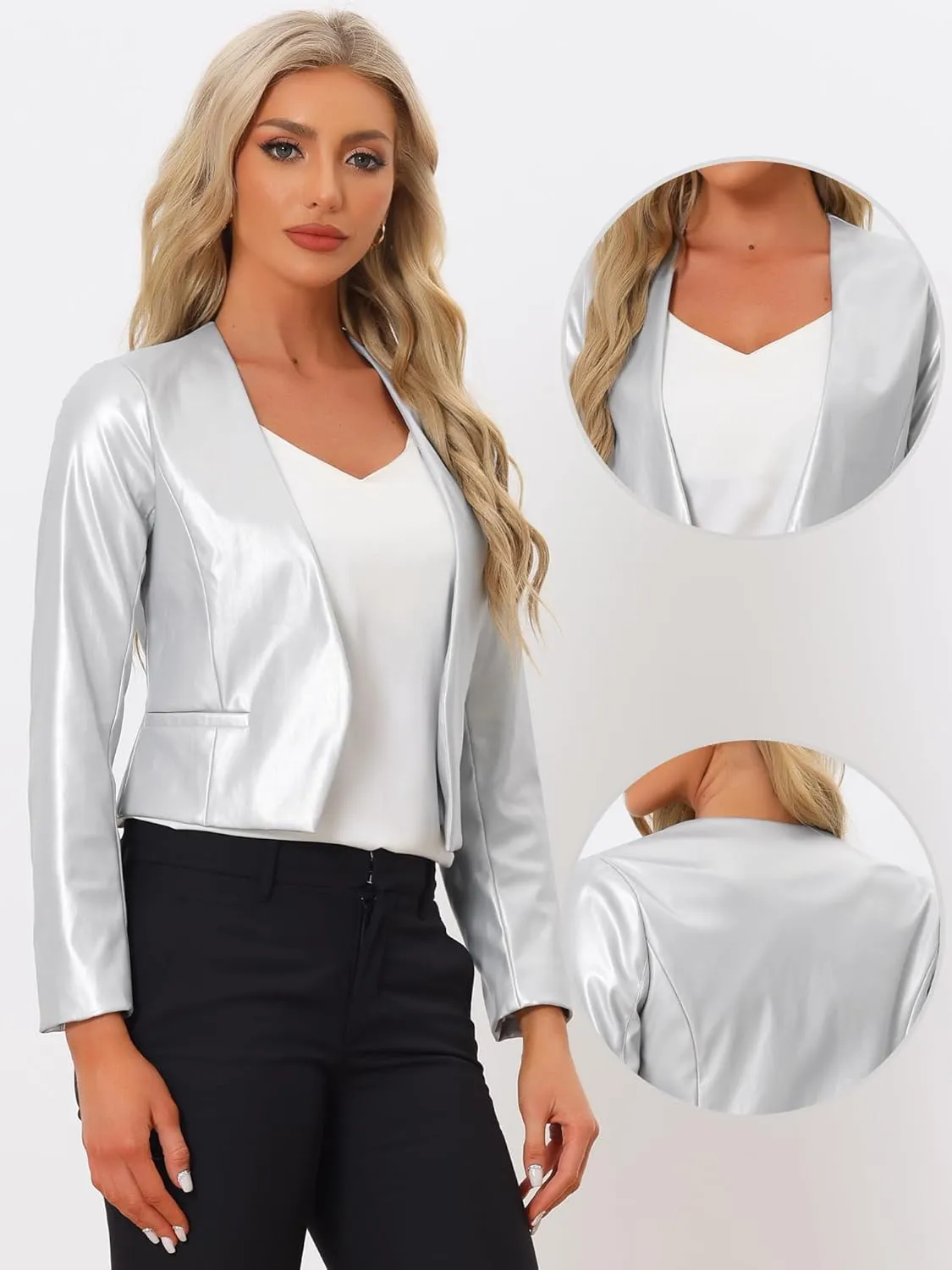Allegra K Faux Leather Crop Blazer for Women's Collarless Open Front PU Moto Biker Jackets