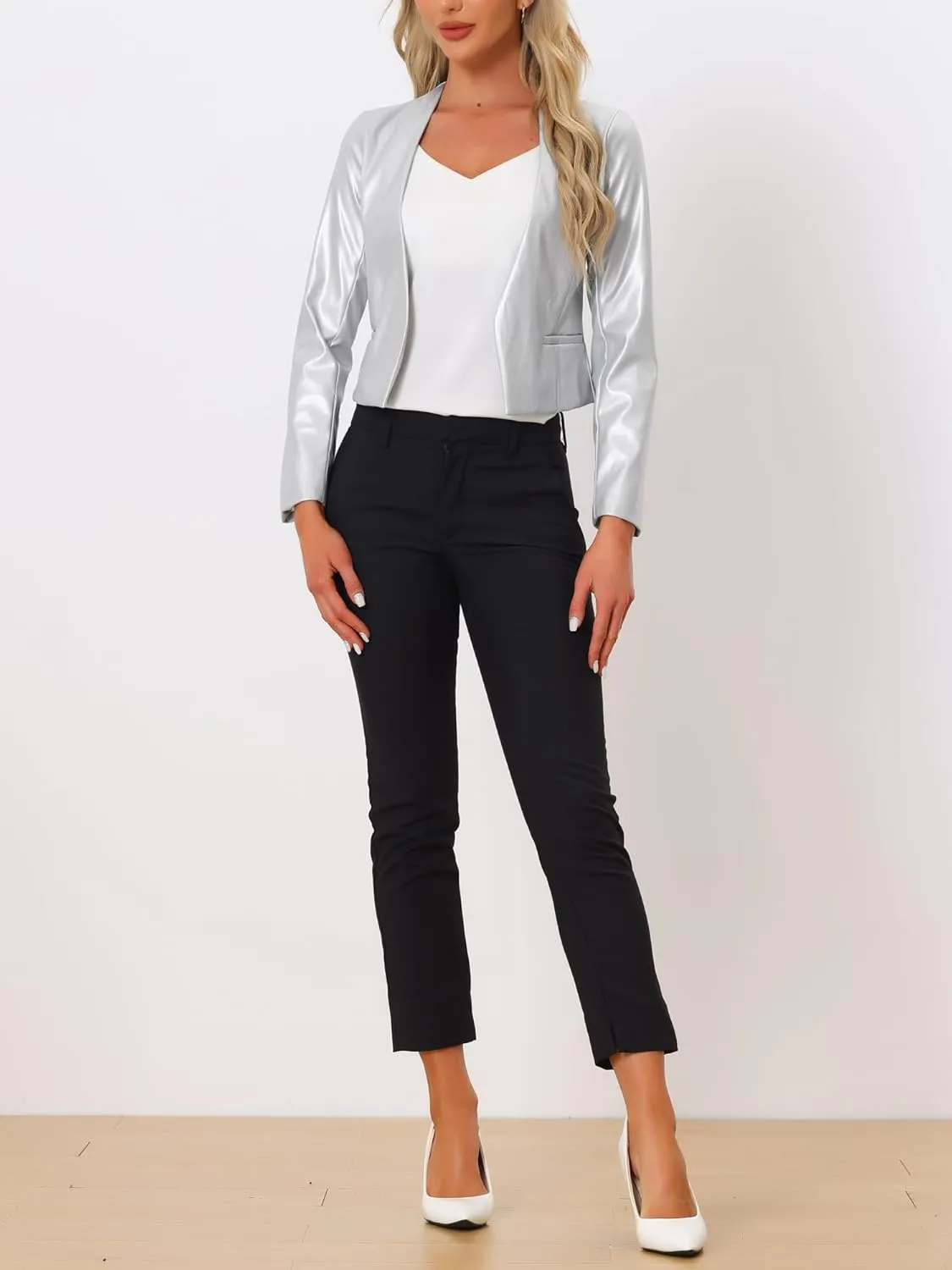Allegra K Faux Leather Crop Blazer for Women's Collarless Open Front PU Moto Biker Jackets