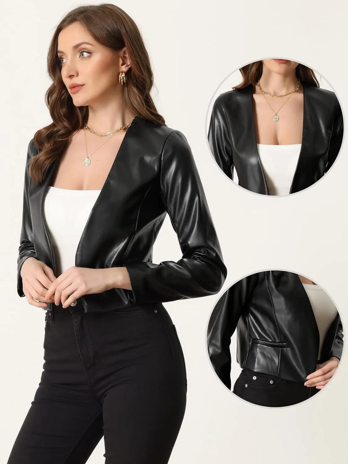 Allegra K Faux Leather Crop Blazer for Women's Collarless Open Front PU Moto Biker Jackets