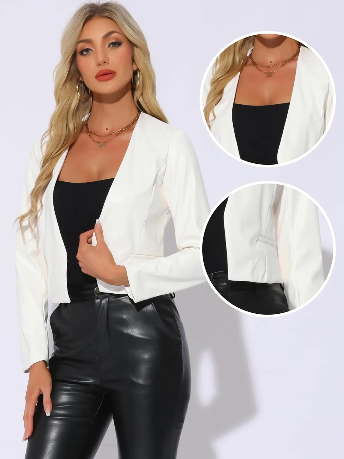 Allegra K Faux Leather Crop Blazer for Women's Collarless Open Front PU Moto Biker Jackets