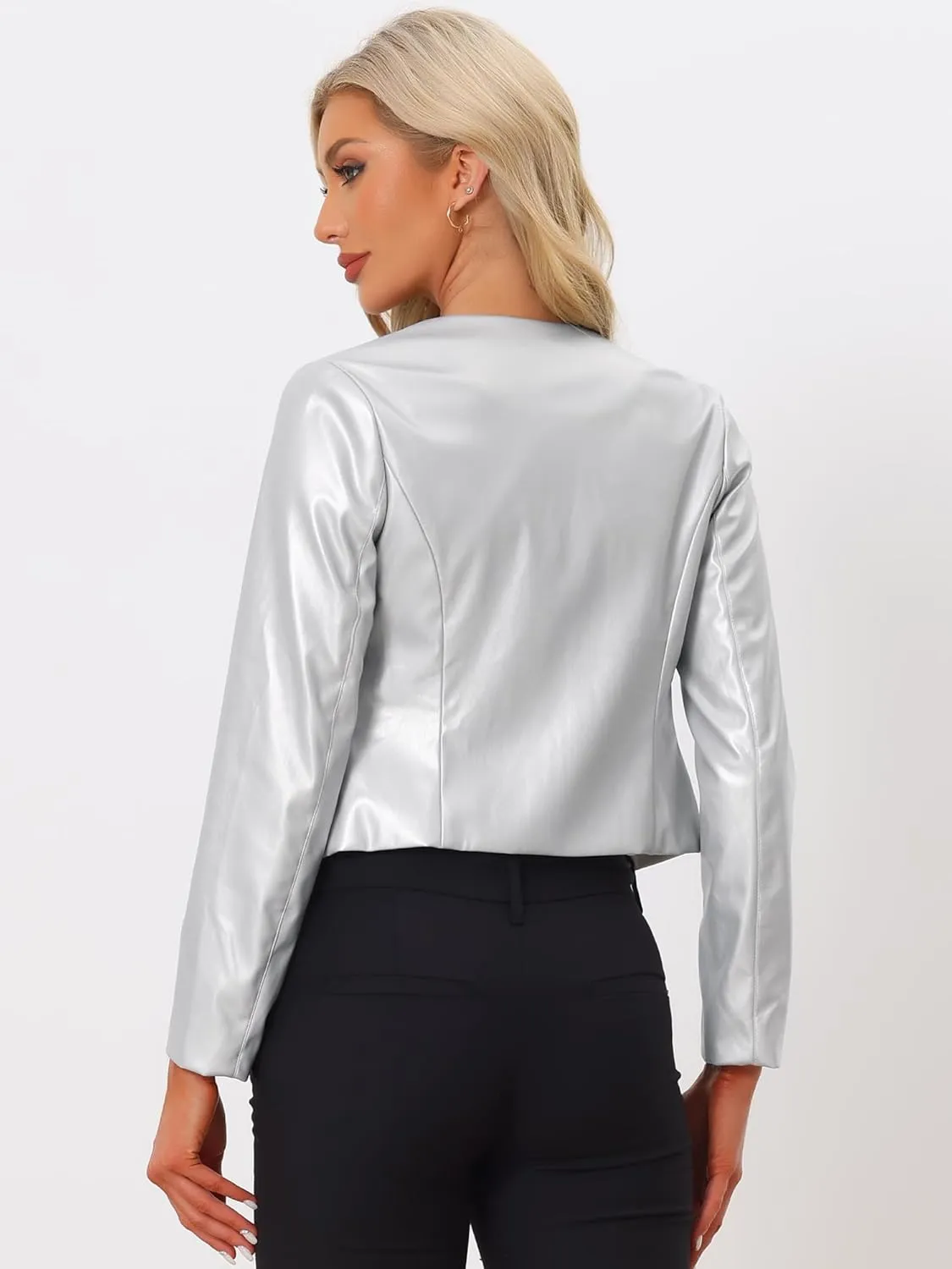 Allegra K Faux Leather Crop Blazer for Women's Collarless Open Front PU Moto Biker Jackets