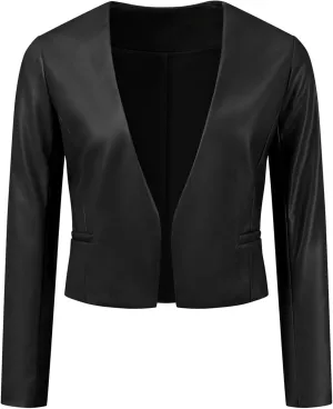 Allegra K Faux Leather Crop Blazer for Women's Collarless Open Front PU Moto Biker Jackets