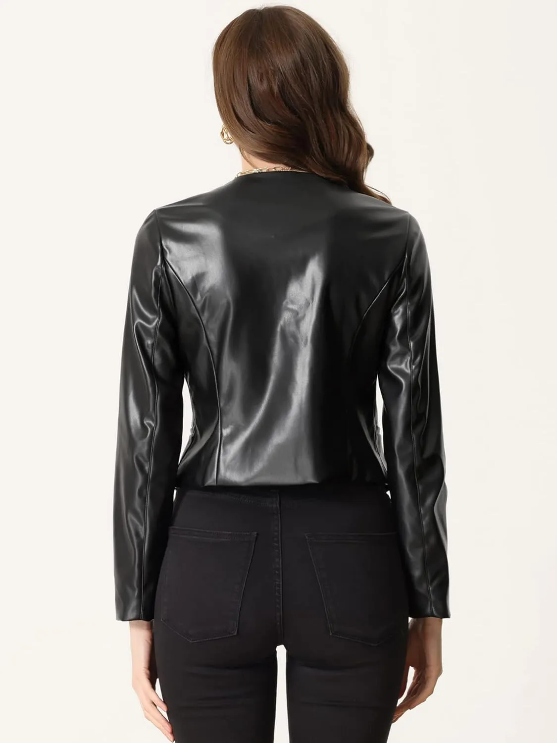 Allegra K Faux Leather Crop Blazer for Women's Collarless Open Front PU Moto Biker Jackets