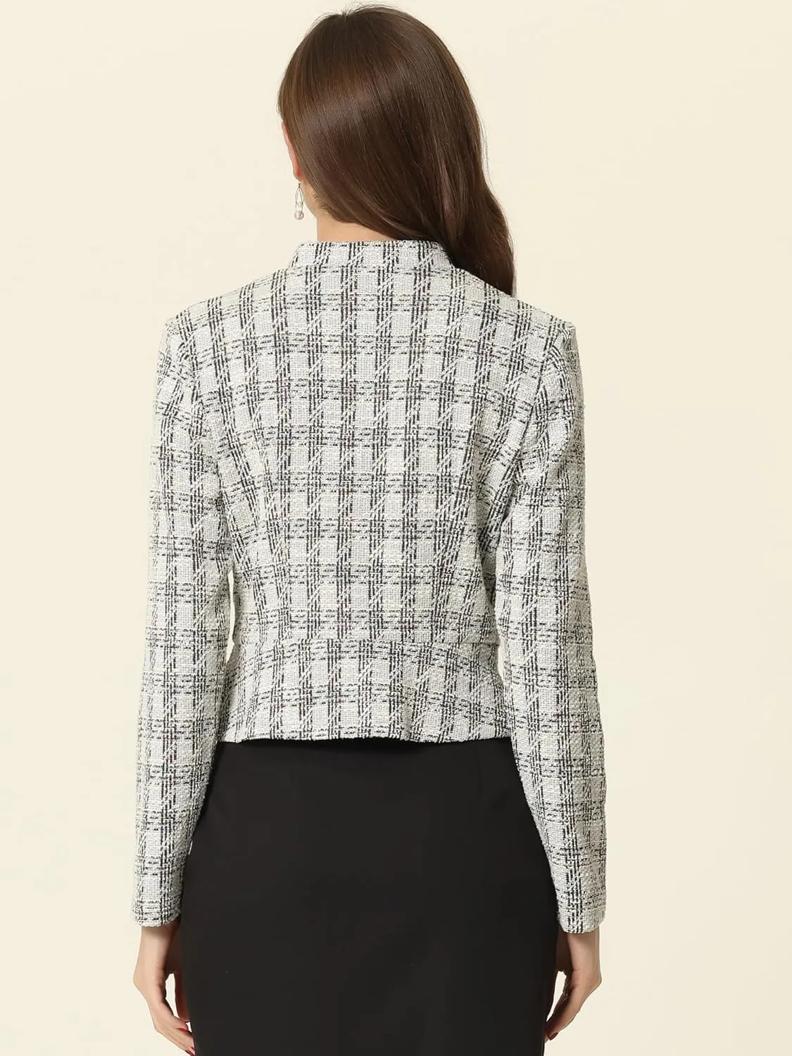 Allegra K Vintage Tweed Jackets for Women's Stand Collar Business Open Front Cropped Jacket