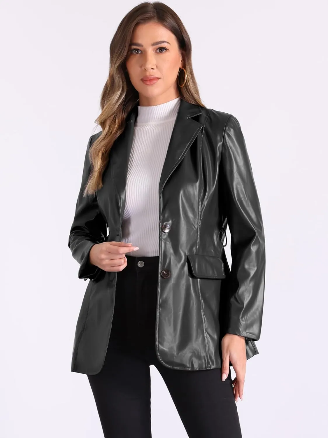 Allegra K Women's Faux Leather Blazer Jackets Button Down Notched Lapel Tie Waist Blazer Coat with Pockets