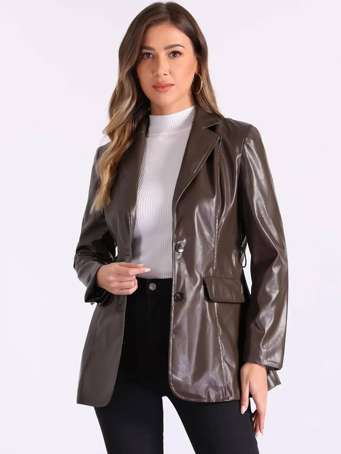 Allegra K Women's Faux Leather Blazer Jackets Button Down Notched Lapel Tie Waist Blazer Coat with Pockets