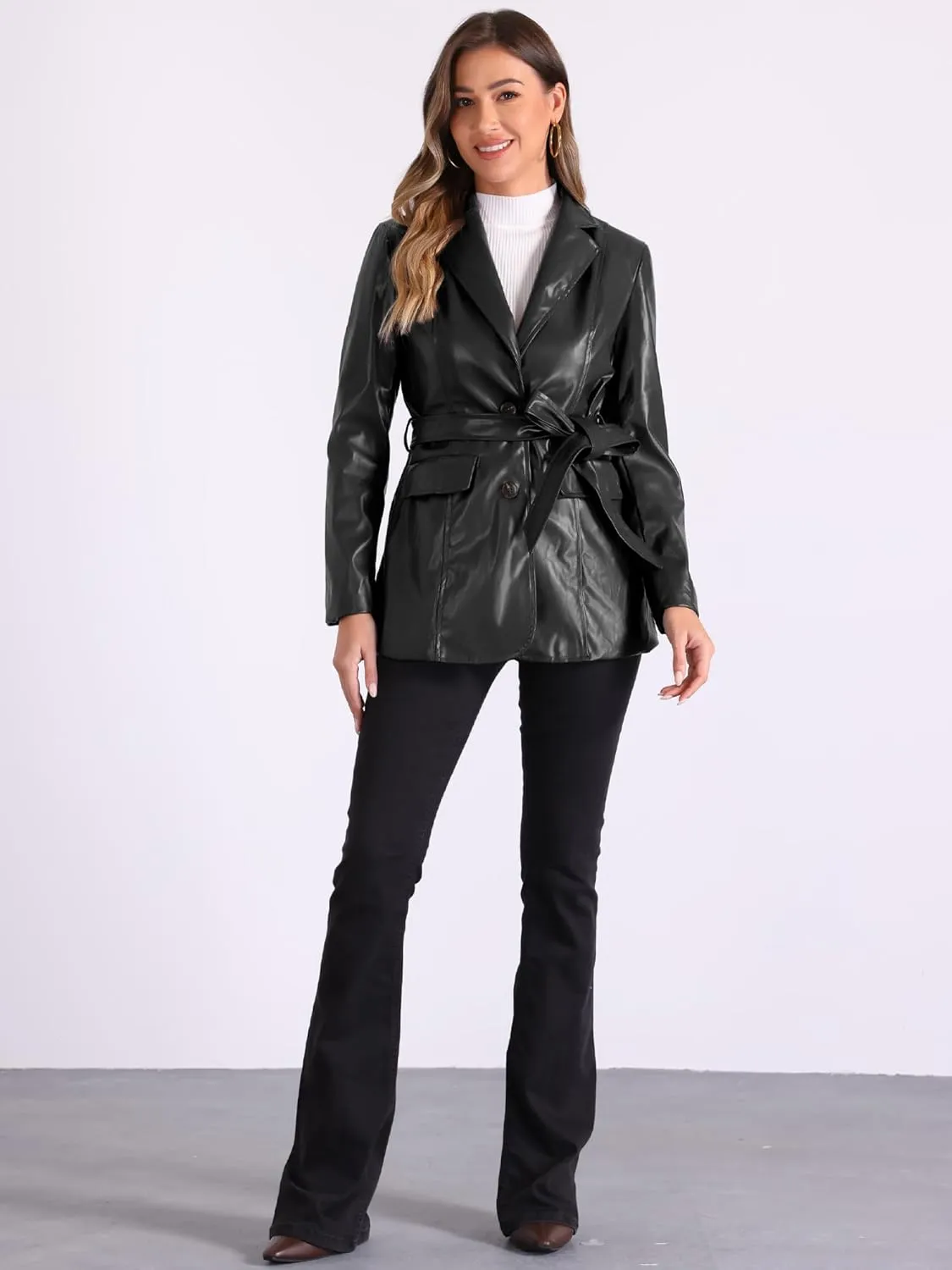 Allegra K Women's Faux Leather Blazer Jackets Button Down Notched Lapel Tie Waist Blazer Coat with Pockets