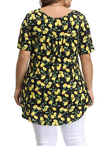 Allegrace Women's Plus Size Floral Blouses Henley V Neck Button Up Tunic Tops Ruffle Flowy Short Sleeve T Shirts P30 Lemon Black 4X