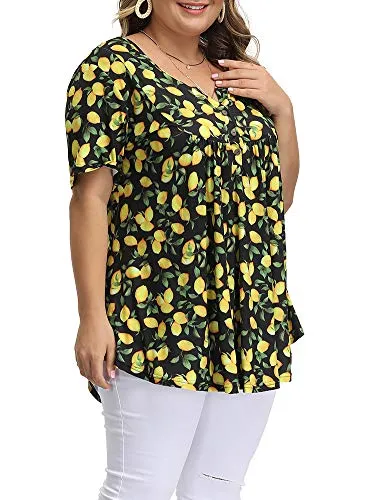 Allegrace Women's Plus Size Floral Blouses Henley V Neck Button Up Tunic Tops Ruffle Flowy Short Sleeve T Shirts P30 Lemon Black 4X