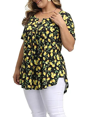 Allegrace Women's Plus Size Floral Blouses Henley V Neck Button Up Tunic Tops Ruffle Flowy Short Sleeve T Shirts P30 Lemon Black 4X
