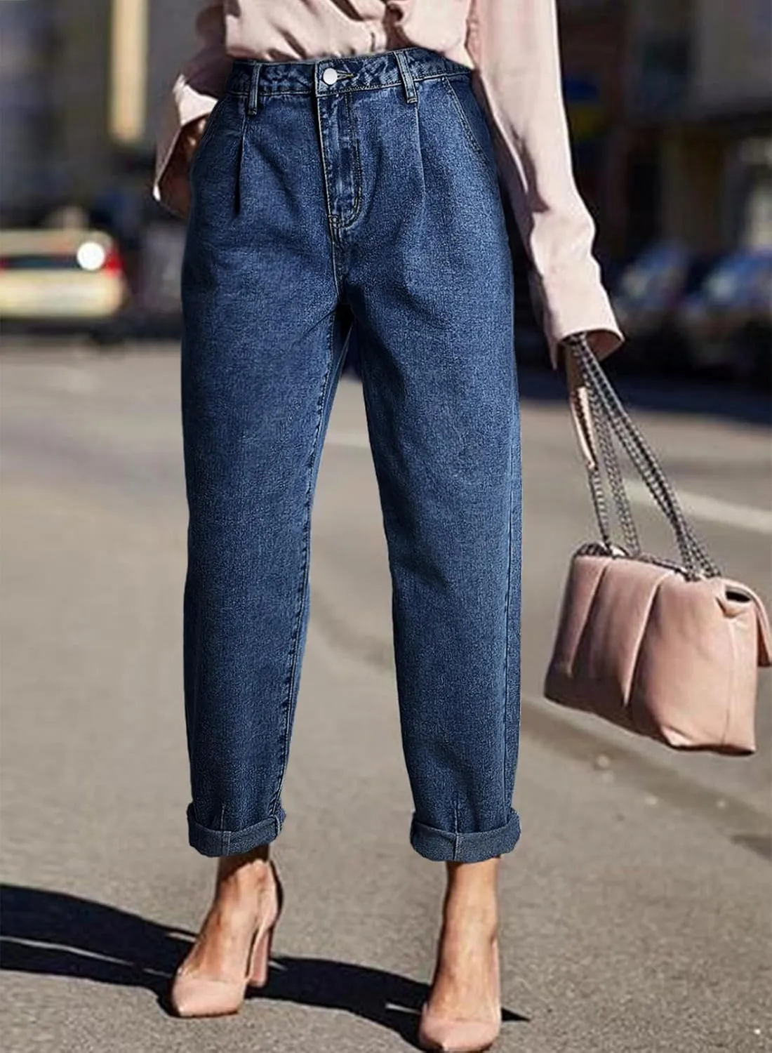 Astylish Womens High Waisted Baggy Jeans Boyfriend Cropped Loose Denim Pants