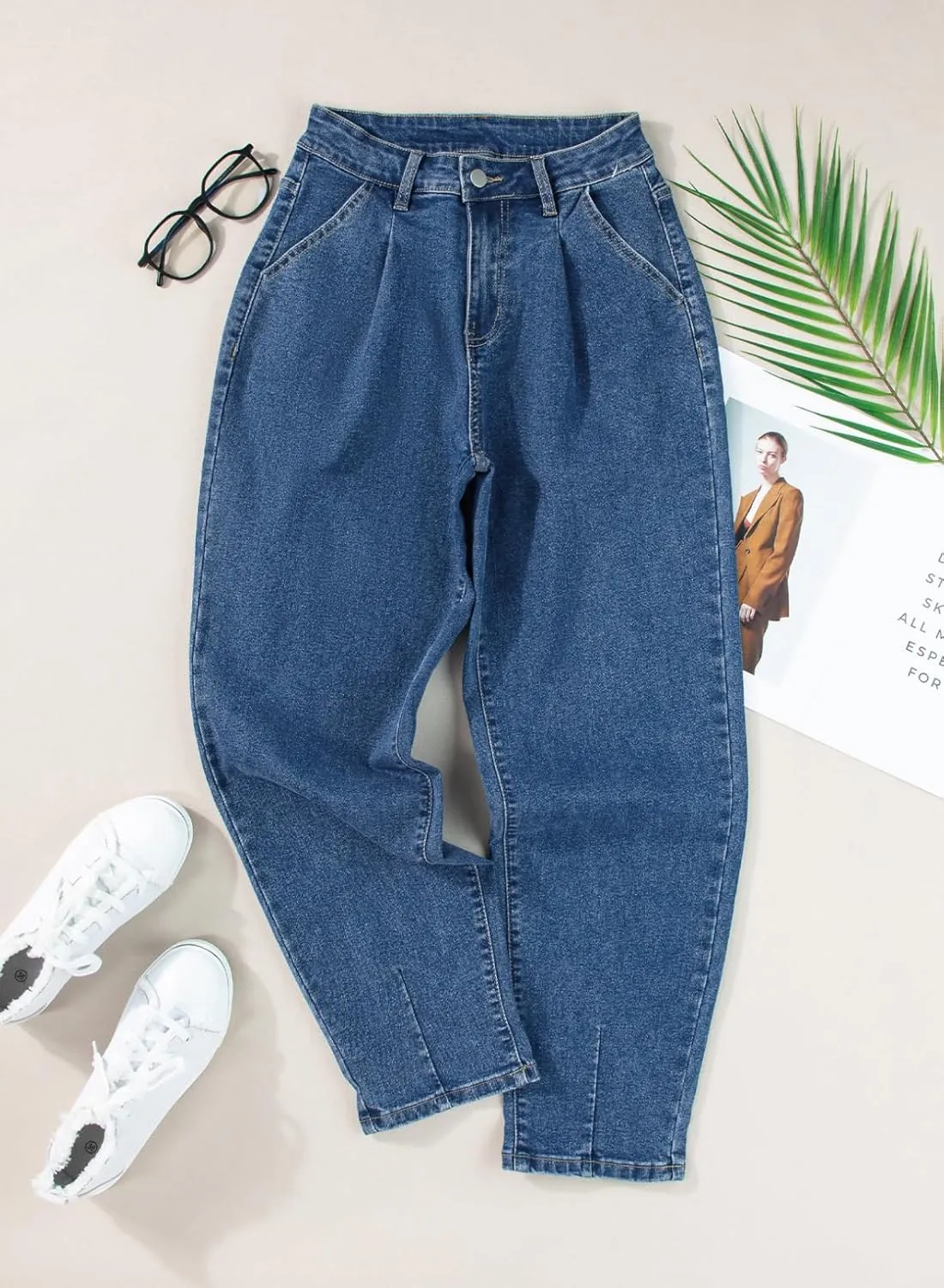 Astylish Womens High Waisted Baggy Jeans Boyfriend Cropped Loose Denim Pants