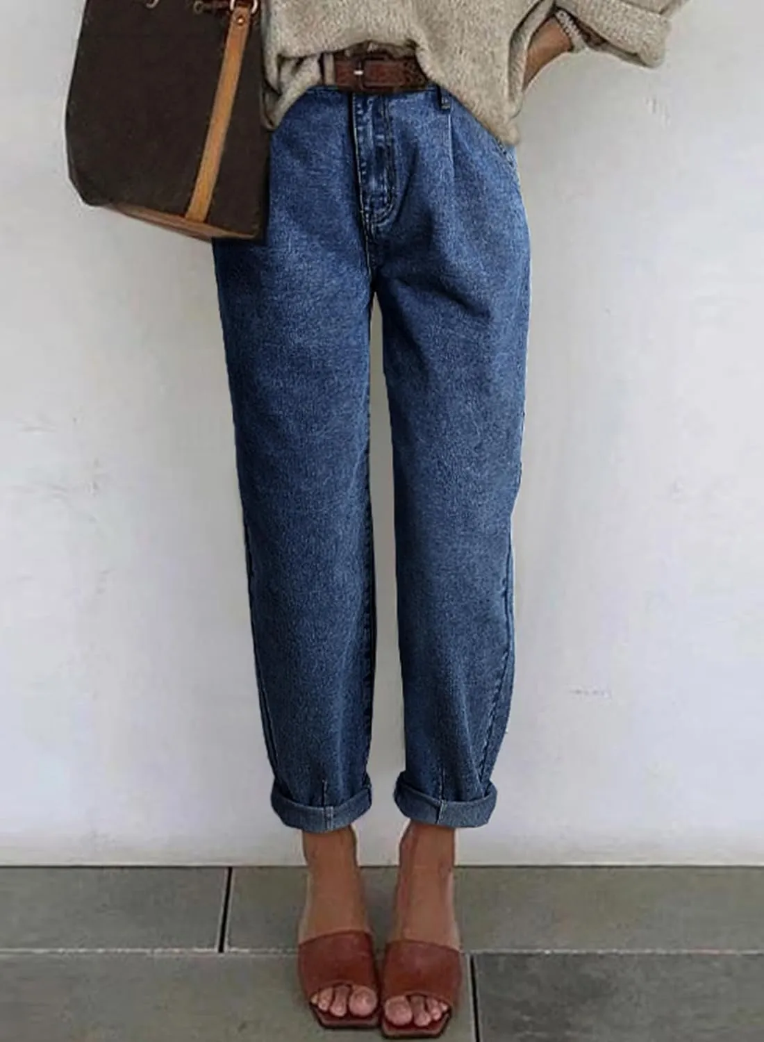 Astylish Womens High Waisted Baggy Jeans Boyfriend Cropped Loose Denim Pants