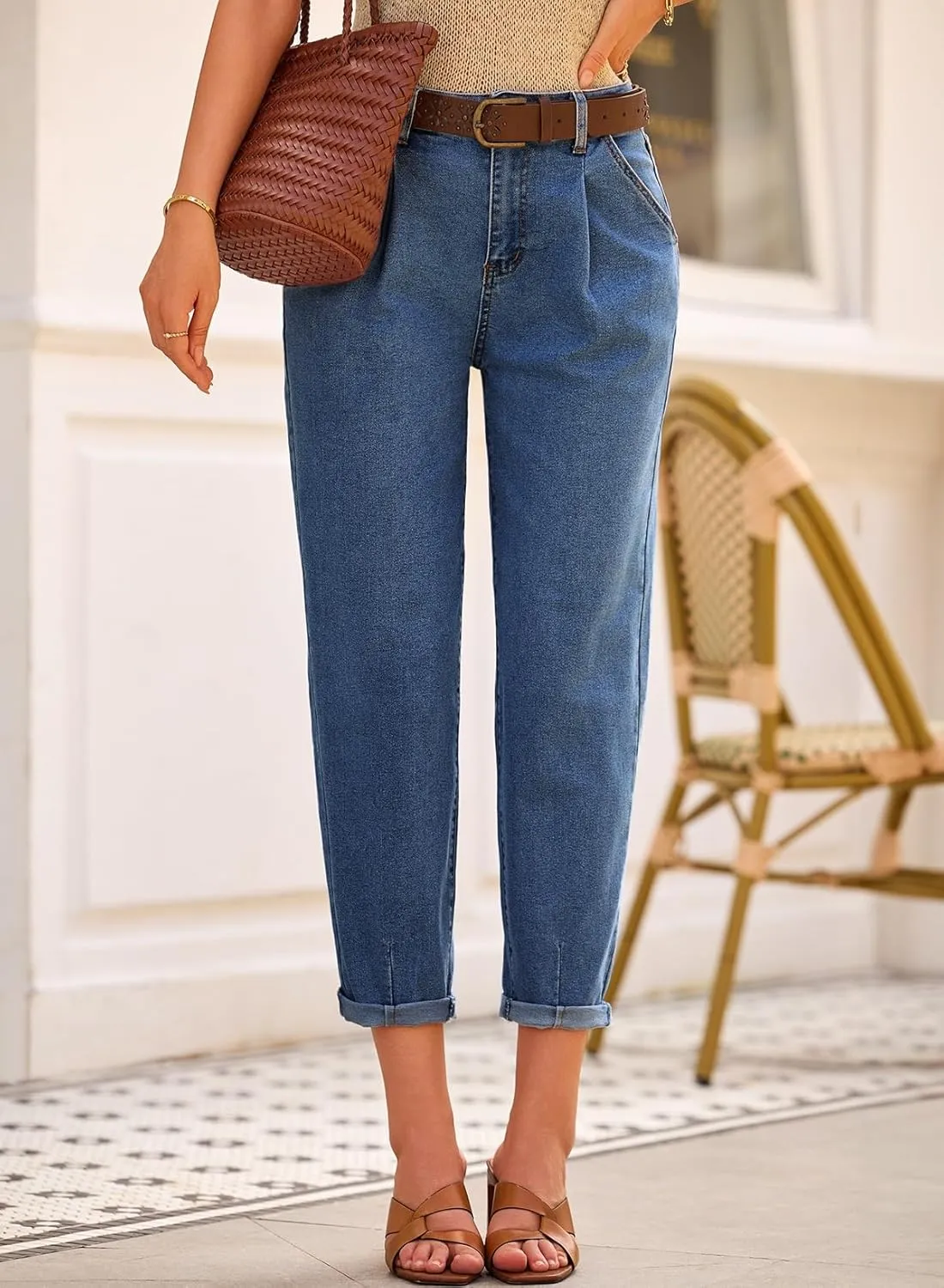 Astylish Womens High Waisted Baggy Jeans Boyfriend Cropped Loose Denim Pants
