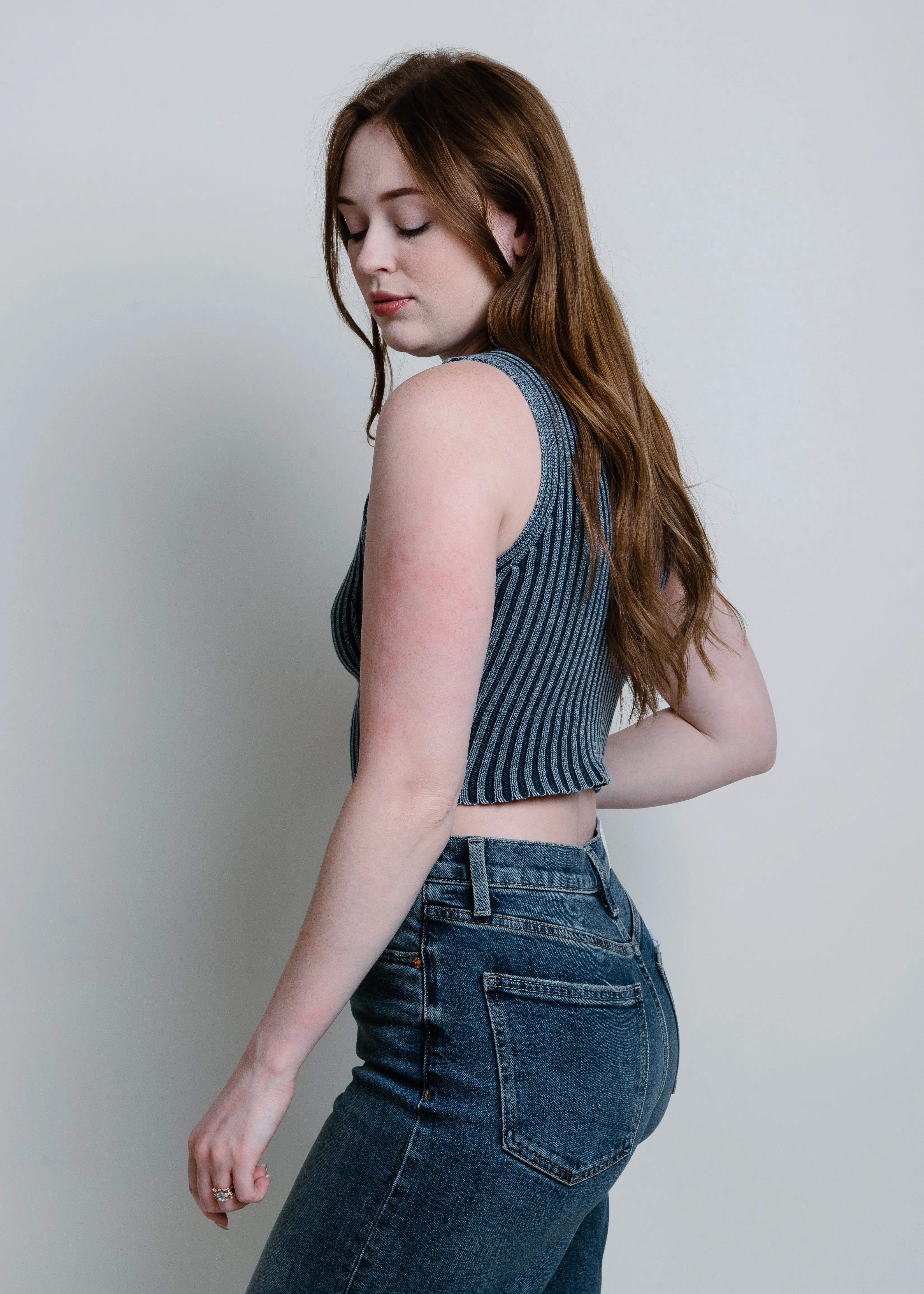 Audrey Ribbed Mock Neck Tank - Blue