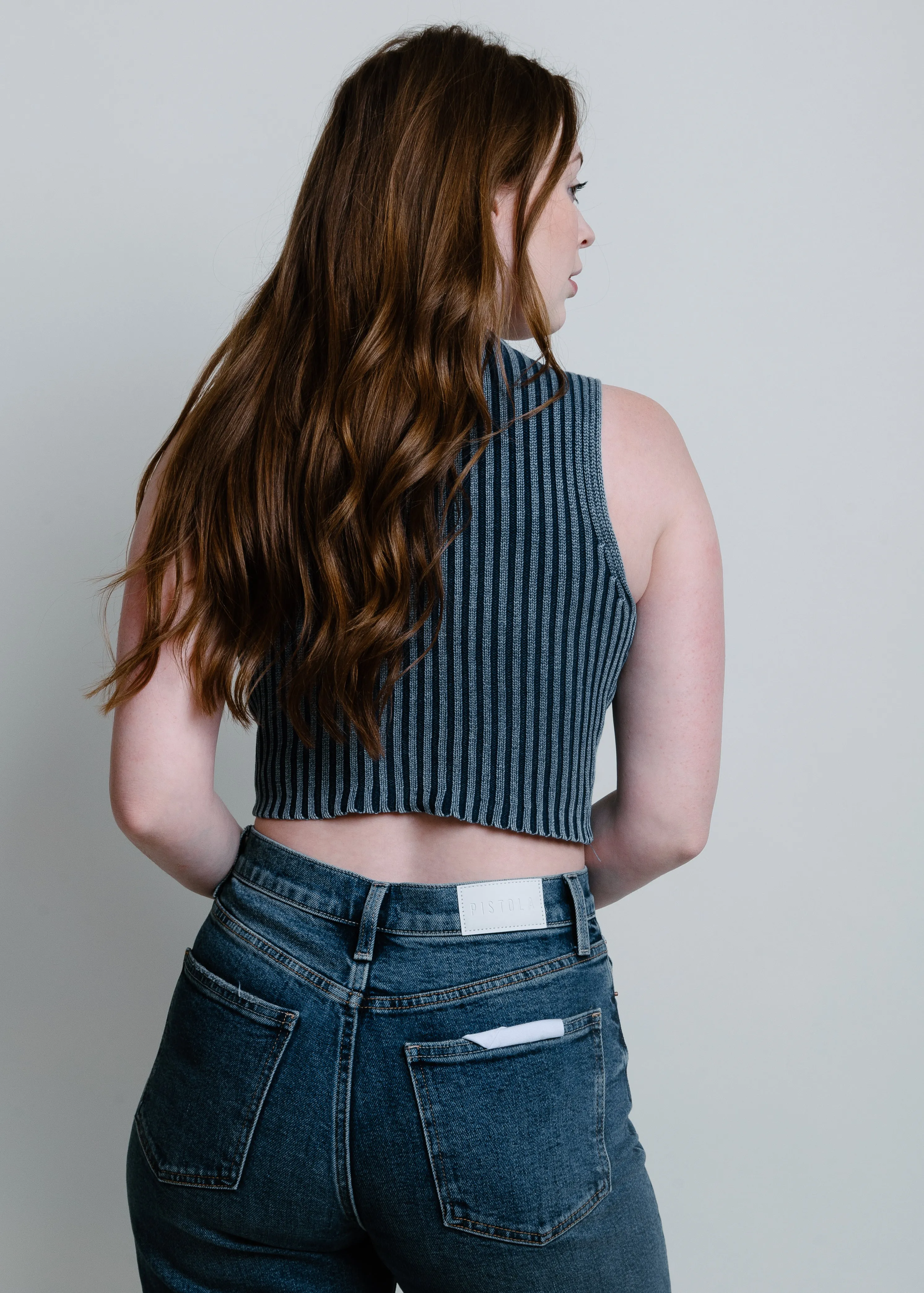 Audrey Ribbed Mock Neck Tank - Blue