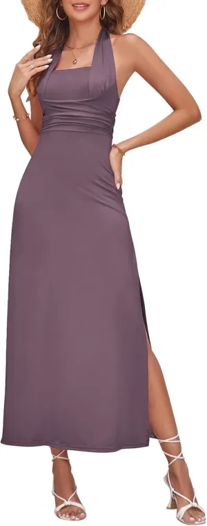 Balimtoy Women Halter Neck Backless Bodycon Maxi Dress Sexy Elegant Strapless Ruched High Slit Formal Long Dresses